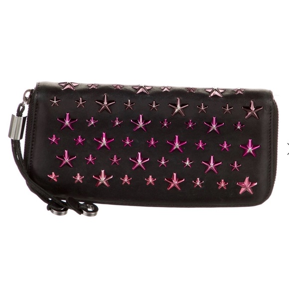 Jimmy Choo Handbags - Jimmy Choo RARE Pink Star Studded Long Zippy Black Leather Wallet Clutch